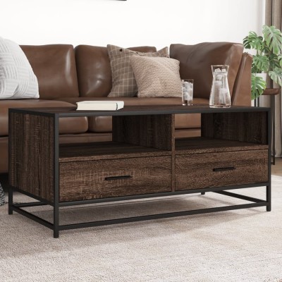 Mesa de centro madera ingeniería metal roble marrón 100x50x45cm