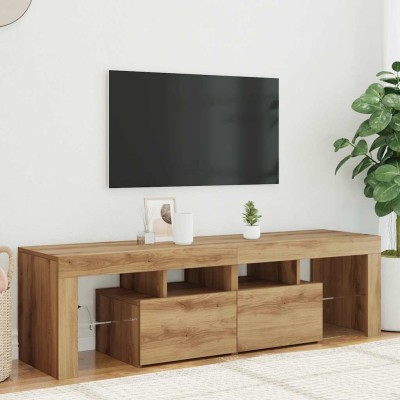 Mueble de TV luces LED madera roble artisan 140x36,5x40 cm