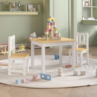 vidaXL Mesa y silla infantil 3 pzas MDF blanco y beige