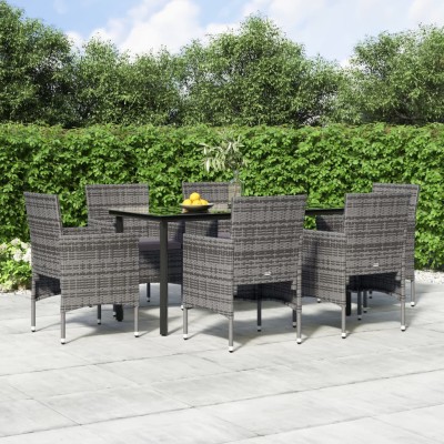 Juego de comedor de jardín 7 piezas con cojines gris y negro