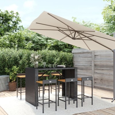 Mesa bar y taburetes jardín 7 pzas madera acacia ratán PE negro
