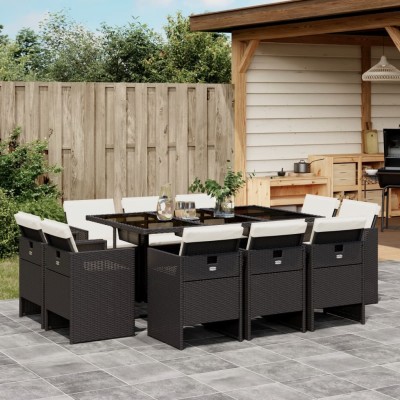 Set de comedor jardín 11 pzas con cojines ratán sintético negro