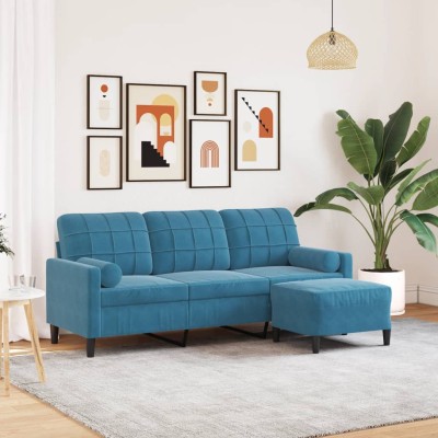 Sofá de 3 plazas con taburete de terciopelo azul 180 cm