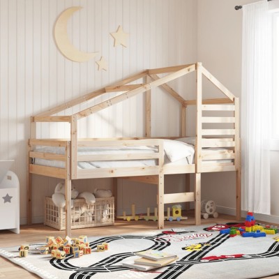 Cama alta con techo madera maciza de pino 90x200 cm