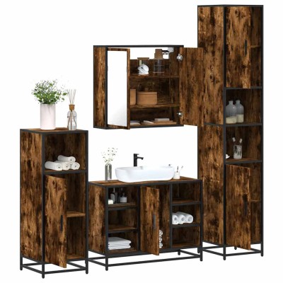 Set de muebles baño 4 pzas madera contrachapada roble ahumado
