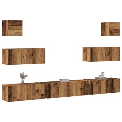 Conjunto de mueble de TV 7 piezas montado la pared madera vieja