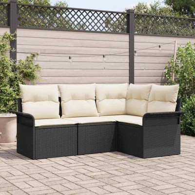 Conjunto de sofá de jardín con cojín 4 pcs Negro Poliratán
