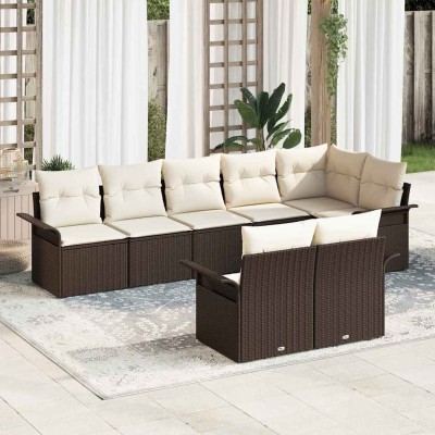 Conjunto de sofá de jardín con cojín 8 pcs Marrón Poliratán
