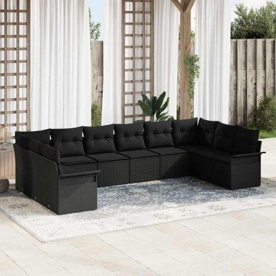 Conjunto de sofá de jardín con cojín 10 pcs Negro Poliratán