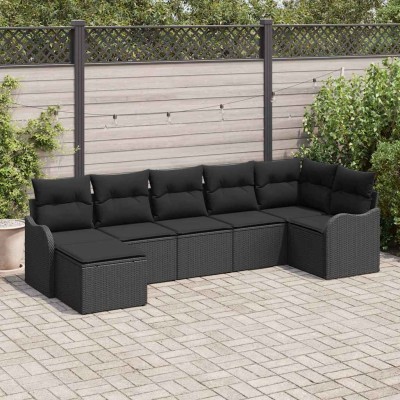 Conjunto de sofá de jardín con cojín 7 pcs Negro Poliratán