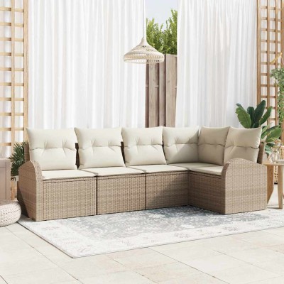 Conjunto de sofá de jardín con cojín 5 pcs Beige Poliratán