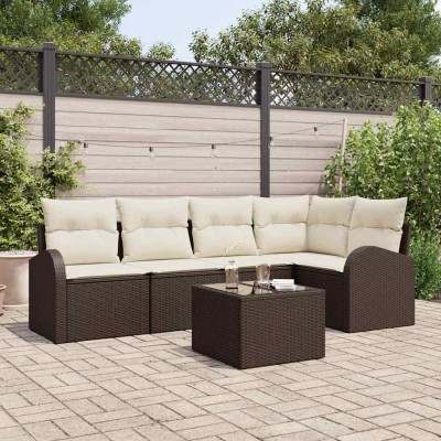Conjunto de sofá de jardín con cojín 6 pcs Marrón Poliratán