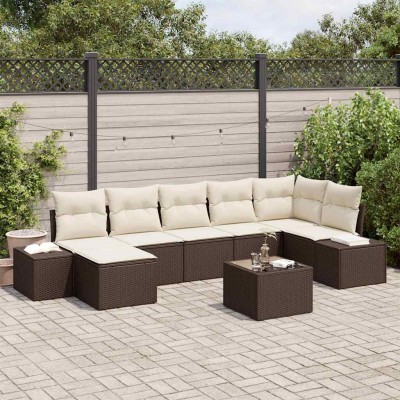 Conjunto de sofá de jardín con cojín 8 pcs Marrón Poliratán