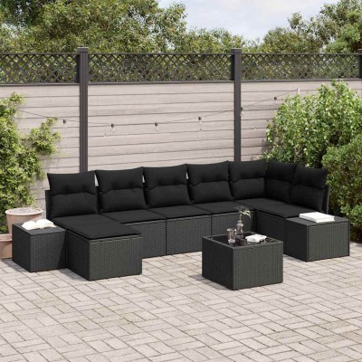 Conjunto de sofá de jardín con cojín 8 pcs Negro Poliratán
