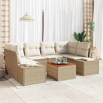 Conjunto de sofá de jardín con cojín 7 pcs Beige Poliratán