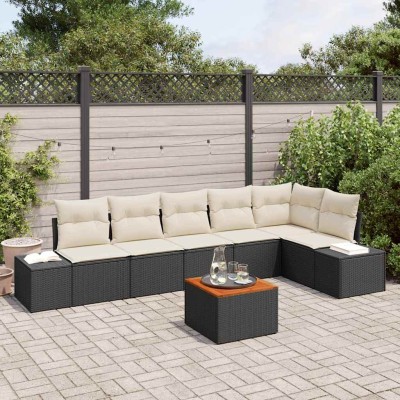 Conjunto de sofá de jardín con cojín 7 pcs Negro Poliratán