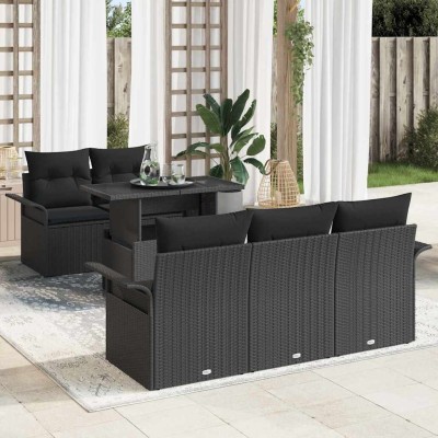 Conjunto de sofá de jardín con cojín 6 pcs Negro Poliratán
