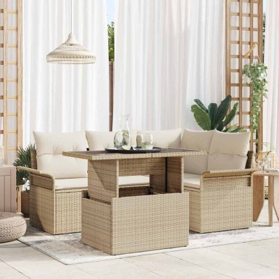 Conjunto de sofá de jardín con cojín 5 pcs Beige Poliratán