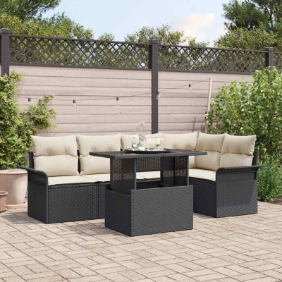 Conjunto de sofá de jardín con cojín 6 pcs Negro Poliratán