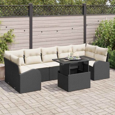 Conjunto de sofá de jardín con cojín 8 pcs Negro Poliratán