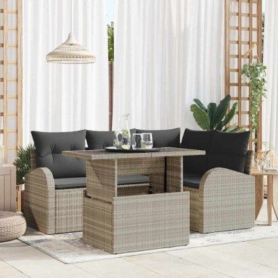 Conjunto de sofá de jardín con cojín 5 pcs Gris claro Poliratán