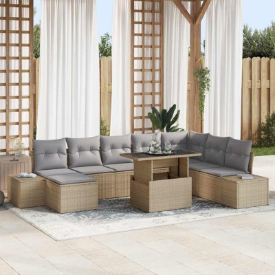 Conjunto de sofá de jardín con cojín 9 pcs beige y gris claro