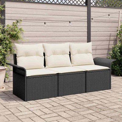Conjunto de sofá de jardín con cojín 3 pcs Negro Poliratán