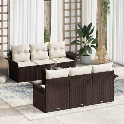 Conjunto de sofá de jardín 7 pcs Marrón y crema 55 x 55 x 37 cm