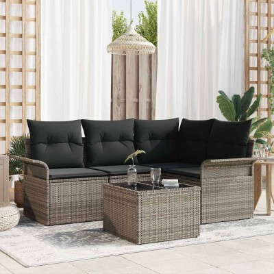 Conjunto de sofá de jardín con cojín 5 pcs Gris Poliratán