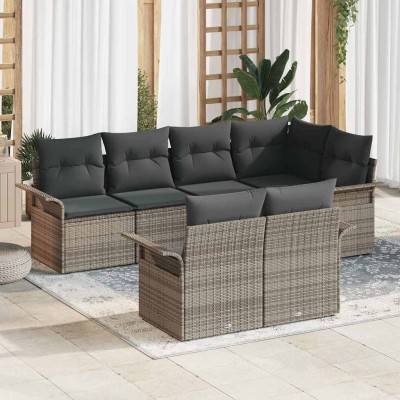 Conjunto de sofá de jardín con cojín 7 pcs Gris Poliratán