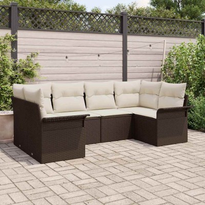 Conjunto de sofá de jardín con cojín 6 pcs Marrón Poliratán