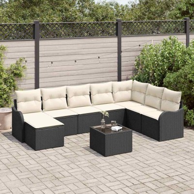 Conjunto de sofá de jardín 9 pcs Negro y blanco Poliratán