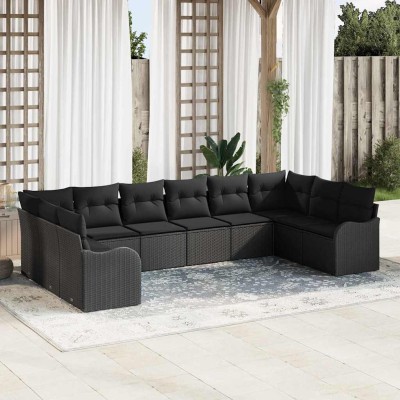 Conjunto de sofá de jardín con cojín 10 pcs Negro Poliratán