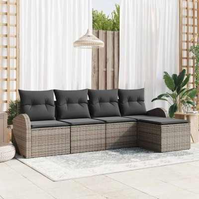 Conjunto de sofá de jardín con cojín 5 pcs Gris Poliratán