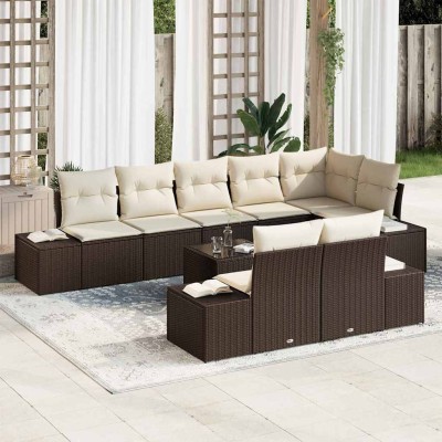 Conjunto de sofá de jardín con cojín 9 pcs Marrón y crema