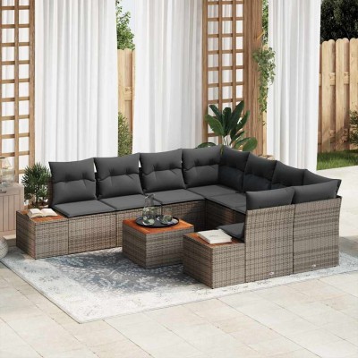 Conjunto de sofá de jardín con cojín 9 pcs Gris Poliratán