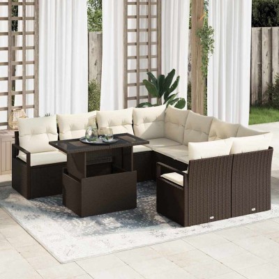 Conjunto de sofá de jardín 9 pcs Marrón Poliratán