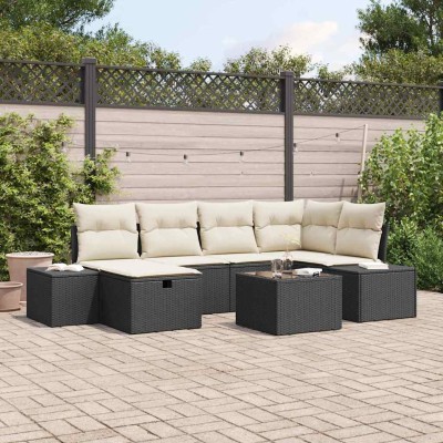 Conjunto de sofá de jardín con cojín 7 pcs Negro Poliratán