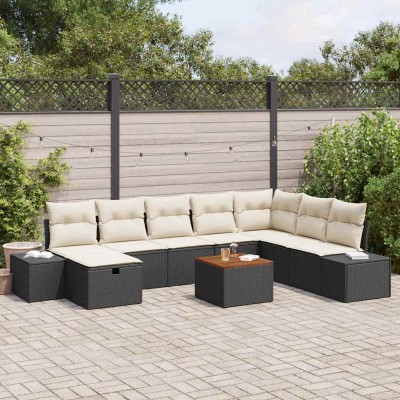 Conjunto de sofá de jardín con cojín 9 pcs Negro Poliratán