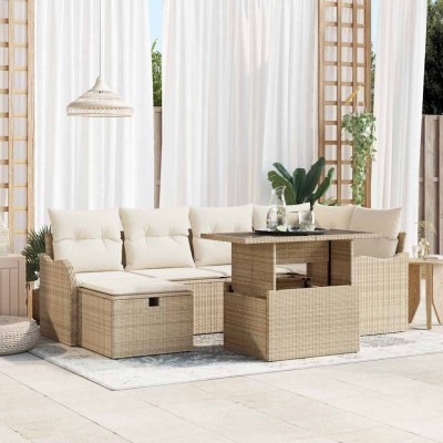 Conjunto de sofá de jardín con cojín 7 pcs Beige Poliratán