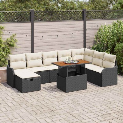 Conjunto de sofá de jardín con cojín 9 pcs Negro Poliratán