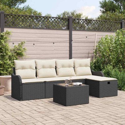 Conjunto de sofá de jardín con cojín 6 pcs Negro Poliratán
