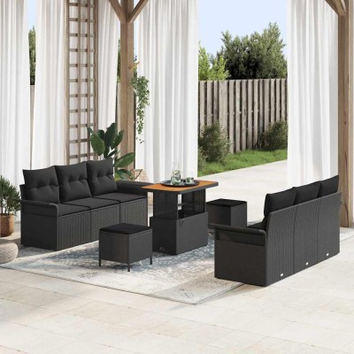 Conjunto de sofá de jardín 9 pcs Negro ratán sintético