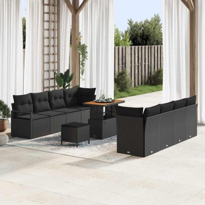Conjunto de sofá de jardín con cojín 11 pcs Negro Poliratán