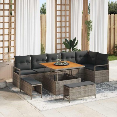 Conjunto de sofá de jardín con cojín 9 pcs Gris Poliratán