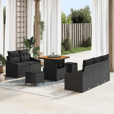 Conjunto de sofá de jardín con cojín 8 pcs Negro Poliratán