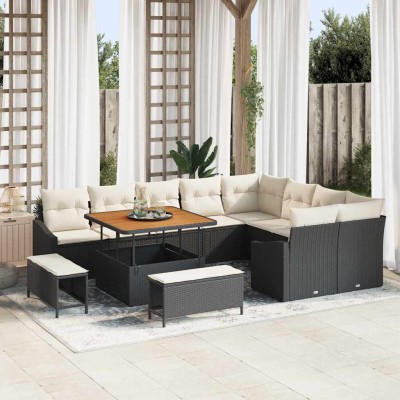 Conjunto de sofá de jardín con cojín 12 pcs Negro Poliratán