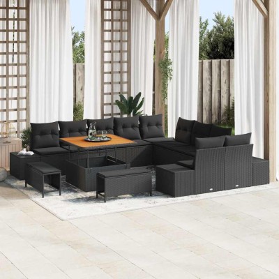 Conjunto de sofá de jardín con cojín 13 pcs Negro Poliratán