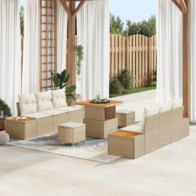 Conjunto de sofá de jardín con cojín 9 pcs Beige Poliratán