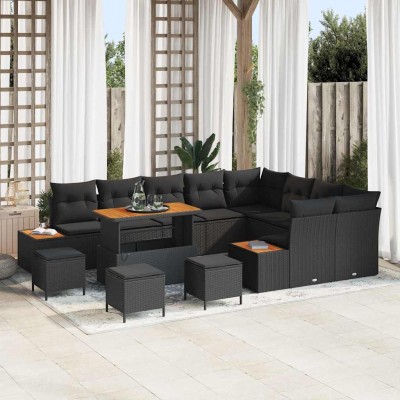 Conjunto de sofá de jardín con cojín 13 pcs Negro Poliratán